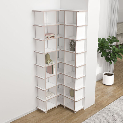 Eckregal nach Maß "Flaca" | Konfigurierbar | Weiß Multiplex | 70x200x70 cm