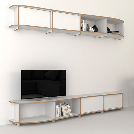 TV-Wohnwand nach Maß "Kila" | Konfigurierbar | Weiß Multiplex | 240x190x40 cm