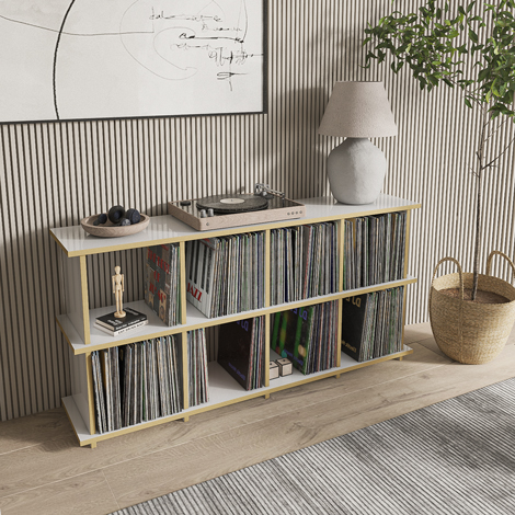 Konfigurierbares Regal für Schallplatten, 150x75x34, Weiß, MDF Natur, Design Regal nach Maß "Vinyla", Regionale Schreiner-Fertigung, Made in Germany
