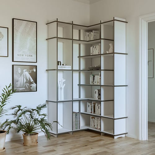 Konfigurierbares Eckregal, 100x200x100, Weiß, MDF Graphitschwarz, Design Regal nach Maß "Benita", Regionale Schreiner-Fertigung, Made in Germany