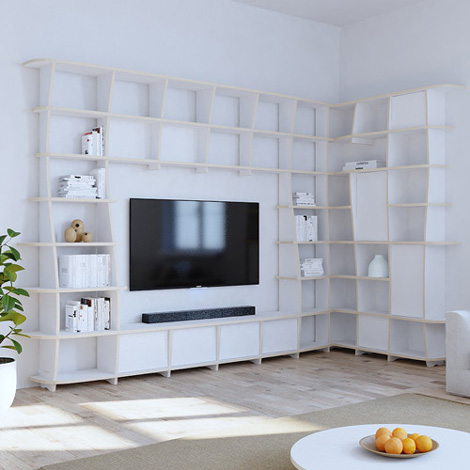 Eckregal nach Maß "Famosa" | Konfigurierbar | Weiß Multiplex | 276x200x130 cm