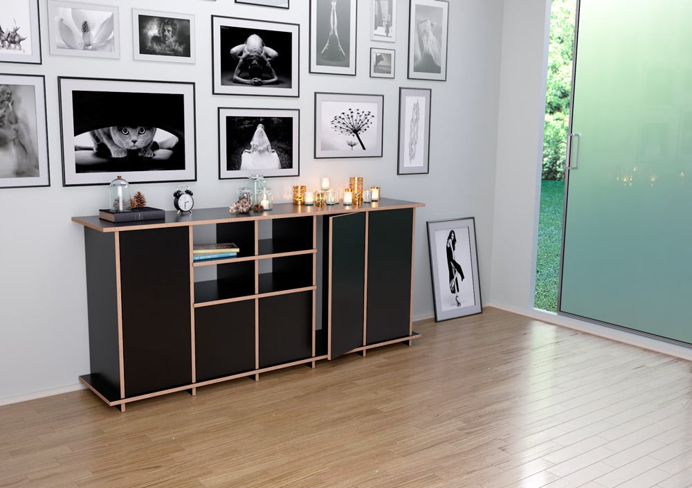 Schwarzes form.bar Sideboard mit Kerzen