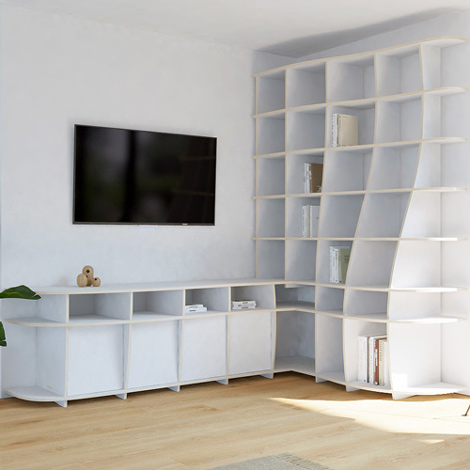 Eckregal nach Maß "Letana" | Konfigurierbar | Weiß Multiplex | 264x76x180 cm