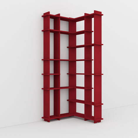 Konfigurierbares Eckregal, 80x200x80, Edel-Dekor Burgundrot, Design Regal nach Maß "Staka", Regionale Schreiner-Fertigung, Made in Germany