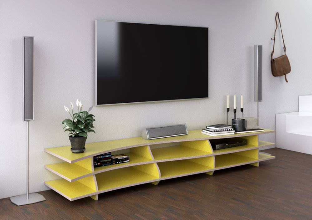 Gelbes TV-Lowboard mit geschwungener form